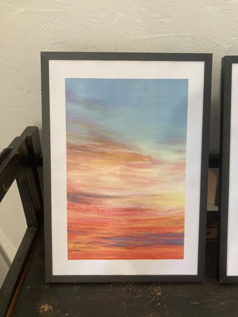 Retrouvailles I - ciel abstrait coucher de soleil en bleu rose et violet, pastel à l'huile sur fond acrylique, tirage d'art