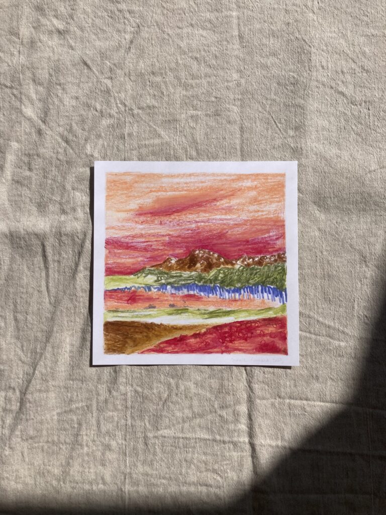 Mont Tendre - paysage de montagne dans les tons de rose, pastel à l'huile sur fond acrylique, tirage d'art